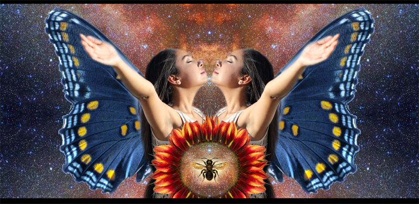 Designed to capture the idea of Law of Attraction, Like Attracts Like using the symbology of butterfly, woman with arms open, sunflower, bee, and universe. By Julia Stege for Magical Marketing promotions.